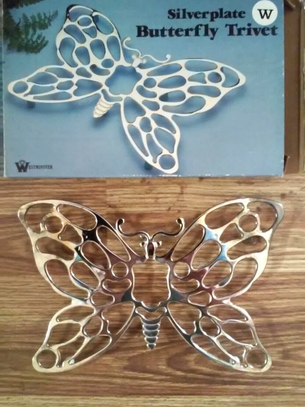 New Silver Plated Butterfly Trivet 10 1/2" W x 7" High with Feet & Hanger In Box